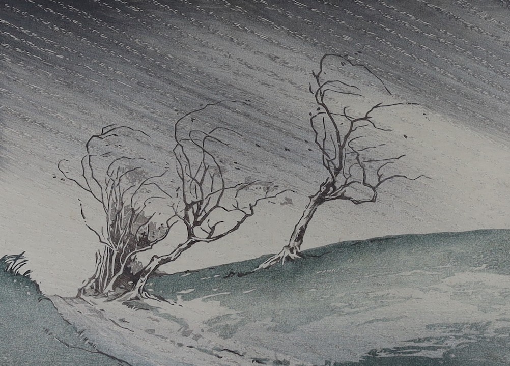 Arthur Rigden Read (1879-1955), colour woodcut, 'Wind and Rain', signed in pencil, 18/50, 18 x 26cm, with a Hastings Museum Exhibition catalogue for the artist